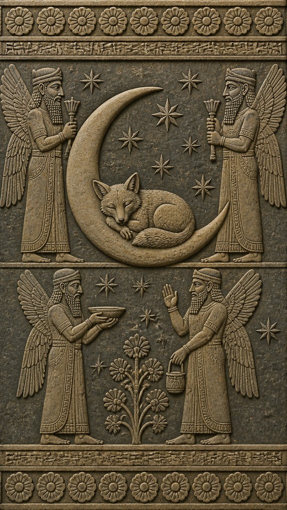 a sleeping baby fox curled on a crescent moon among soft stars, gentle and warm, no text