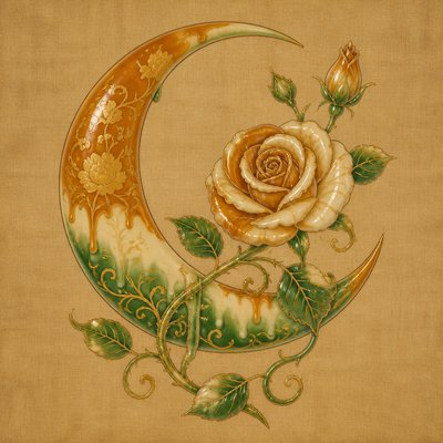 a rose entwined with a crescent moon, clean balanced composition on a plain background, no text