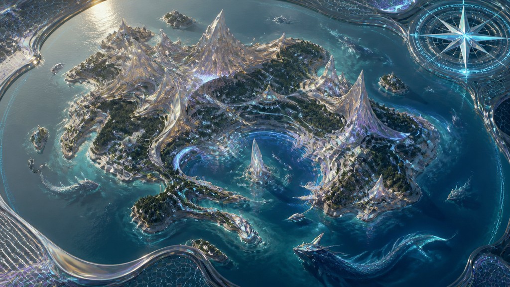 a map of an island realm with mountains, forests, a sheltered bay, sea monsters in the water and a compass rose, no text labels