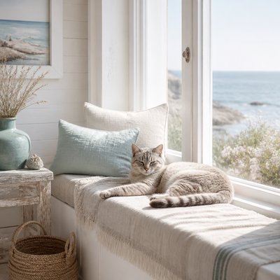 a cat lounging in a sunlit window