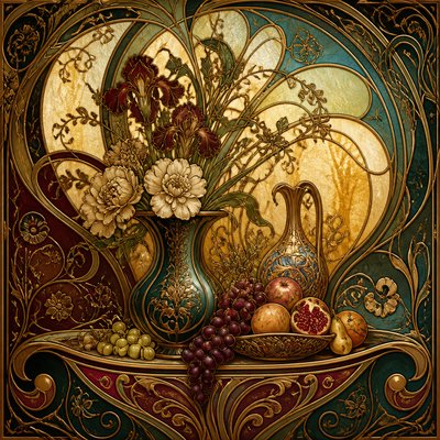 still life arrangement of fruits and flowers