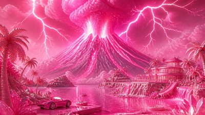 an erupting volcano with lightning strikes, dramatic wide composition, no text