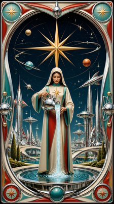 a robed figure pouring water beneath a large eight-pointed star in a night sky, symmetrical composition with an ornate decorative border, no text