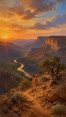 a desert canyon under a dramatic sunset sky, no people