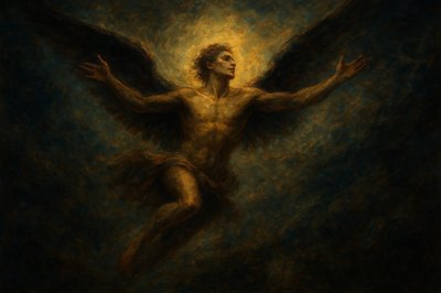 a painting of a man with wings in the air