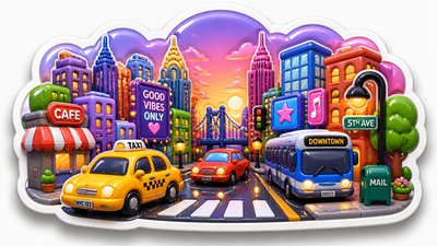 bustling city street panorama at dusk