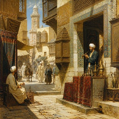 urban street with city activity — Orientalist Painting Style