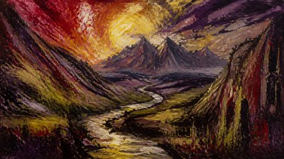 a vast valley with a river winding toward distant mountains at sunrise, no people, no text