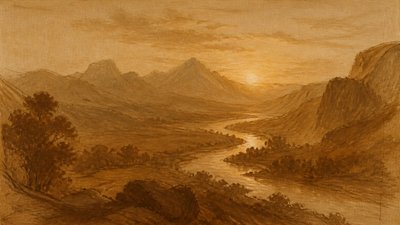 a vast valley with a river winding toward distant mountains at sunrise, no people, no text
