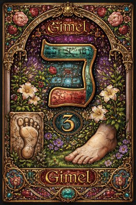 A picture of the Hebrew letter Gimel including in the design a picture of the paleo symbol for the foot and a foot with the modern Hebrew Gimel symbol ג , the number 3 and the name of the letter "Gimel" . 