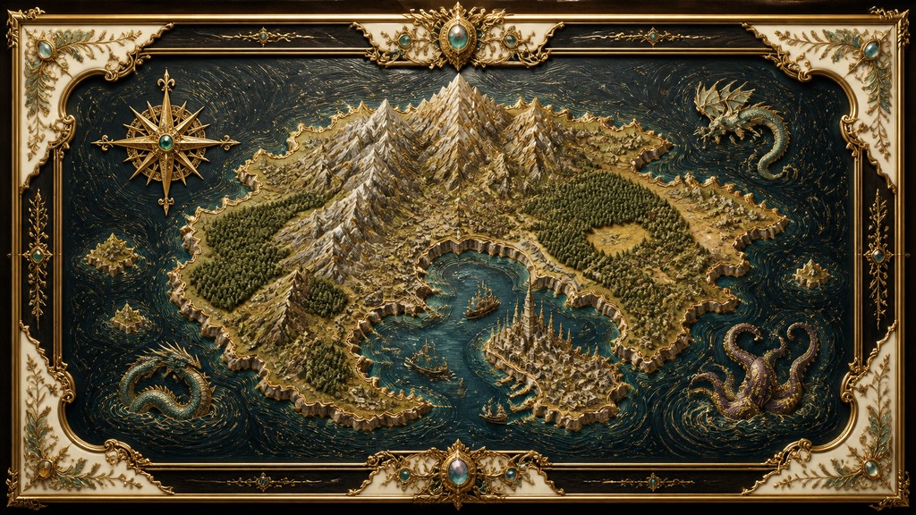 a map of an island realm with mountains, forests, a sheltered bay, sea monsters in the water and a compass rose, no text labels