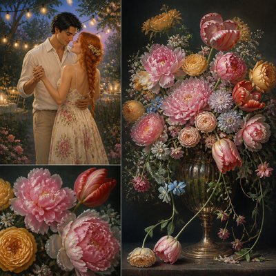an original couple dancing under string lights in a garden at dusk: a man with short black hair in a linen shirt and a woman with braided red hair in a summer dress