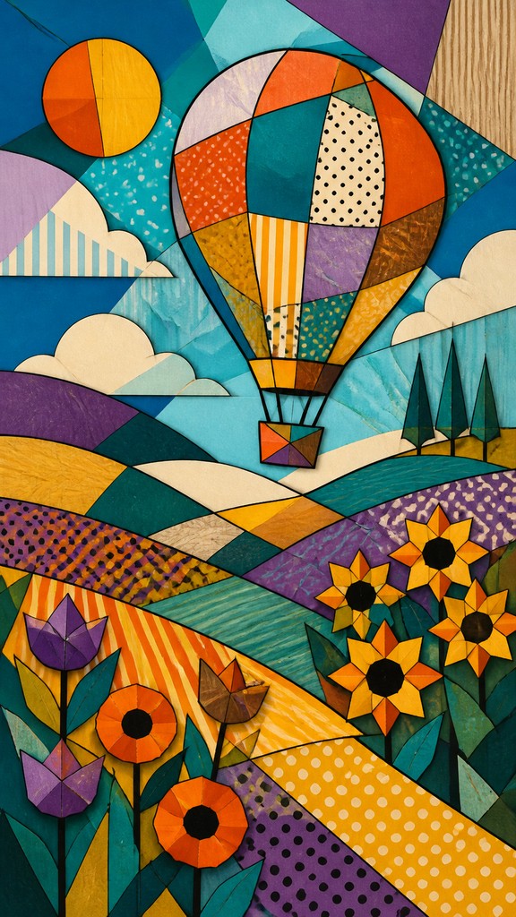a hot air balloon drifting over rolling flower fields on a sunny day, cheerful, no text