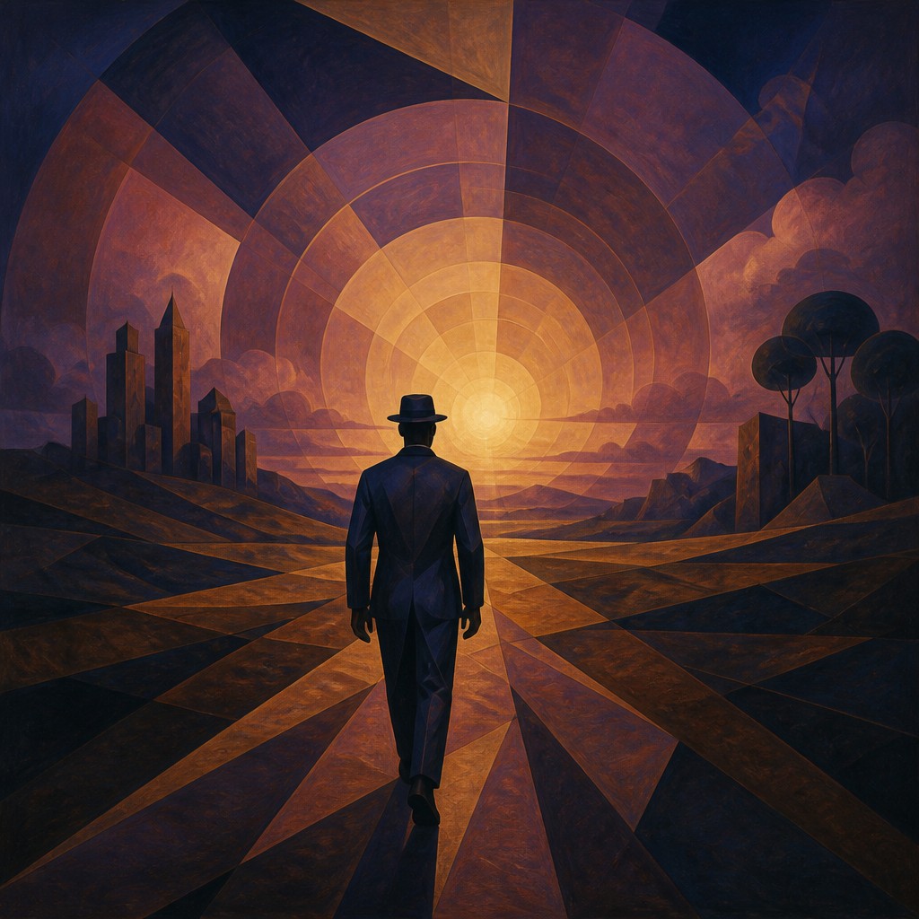 a solitary figure walking toward a glowing horizon across an empty plain, moody atmosphere, no text or lettering