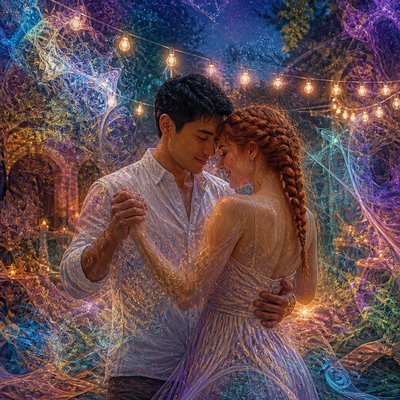 an original couple dancing under string lights in a garden at dusk: a man with short black hair in a linen shirt and a woman with braided red hair in a summer dress