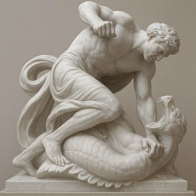a statue of a man holding a dragon
