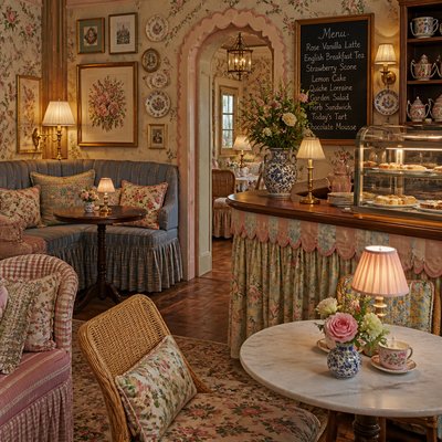 cozy cafe interior with warm lighting
