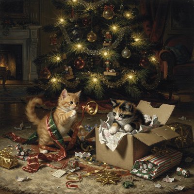 Baroque Oil Painting, Tenebrism Lighting, Rich Canvas Texture a heartwarming scene under a decorated Christmas tree. Two fluffy kittens, one a ginger tabby and the other a calico, are joyfully playing in a chaotic pile of discarded Christmas wrapping paper, ribbons, and bows. The ginger kitten is tangled in a long piece of shiny red and green paper, batting at a curled ribbon. The calico kitten is pouncing from inside a torn open cardboard gift box, surrounded by crumpled tissue paper. Torn pieces of colorful wrapping paper (gold foil, snowman patterns, stripes) and empty gift tags are scattered everywhere on a plush rug. The Christmas tree above them is glowing with warm fairy lights and decorated with traditional ornaments. The background is a cozy living room with a fireplace.