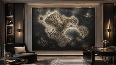 a map of an island realm with mountains, forests, a sheltered bay, sea monsters in the water and a compass rose, no text labels
