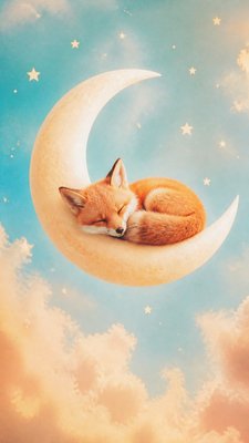 a sleeping baby fox curled on a crescent moon among soft stars, gentle and warm, no text