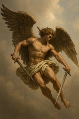 a painting of an angel holding a sword