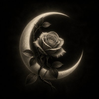 a rose entwined with a crescent moon, clean balanced composition on a plain background, no text