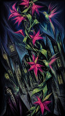 a climbing vine of flowers and hummingbirds on a dark background, tall wrapping composition, no text