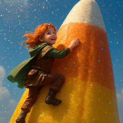 A young red-haired girl in whimsical adventurer clothes, bravely climbing a colossal, mountain-sized candy corn. The candy corn shows detailed white, orange, and yellow segments, towering into a bright, fantastical sky. Shimmering, multi-colored pixie stick dust rains down around her like a magical snowfall, sparkling in the light. She has a determined, joyful expression. Fantasy illustration, vibrant colors, dreamlike setting, epic scale, cinematic lighting."