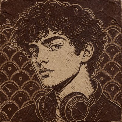 head-and-shoulders portrait of an original character: a young man with curly dark hair and headphones around his neck, plain backdrop, no text