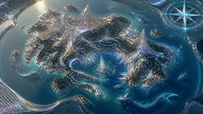a map of an island realm with mountains, forests, a sheltered bay, sea monsters in the water and a compass rose, no text labels