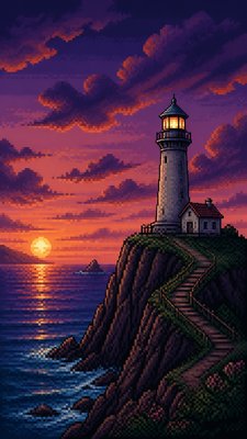 a lone lighthouse on a cliff at dusk under a dramatic sky, no text or lettering