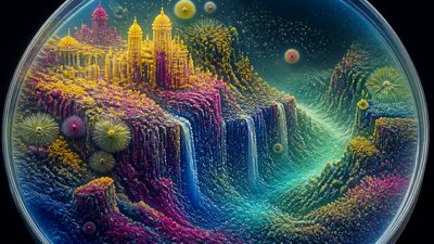 a cliffside city with waterfalls cascading into a misty canyon, wide establishing shot, no people, no text