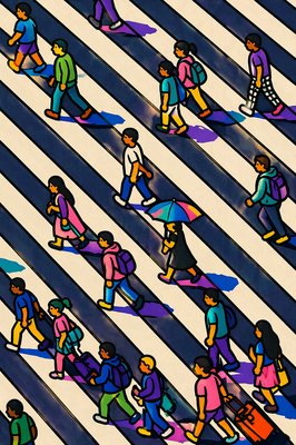 a group of people walking across a cross walk