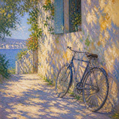 bicyle resting against a wall — Impressionism Art Style