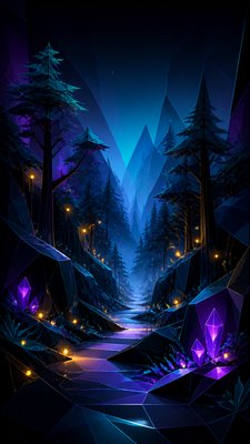 a mysterious forest path with fireflies and drifting mist, atmospheric vertical composition with open space at the top, no text