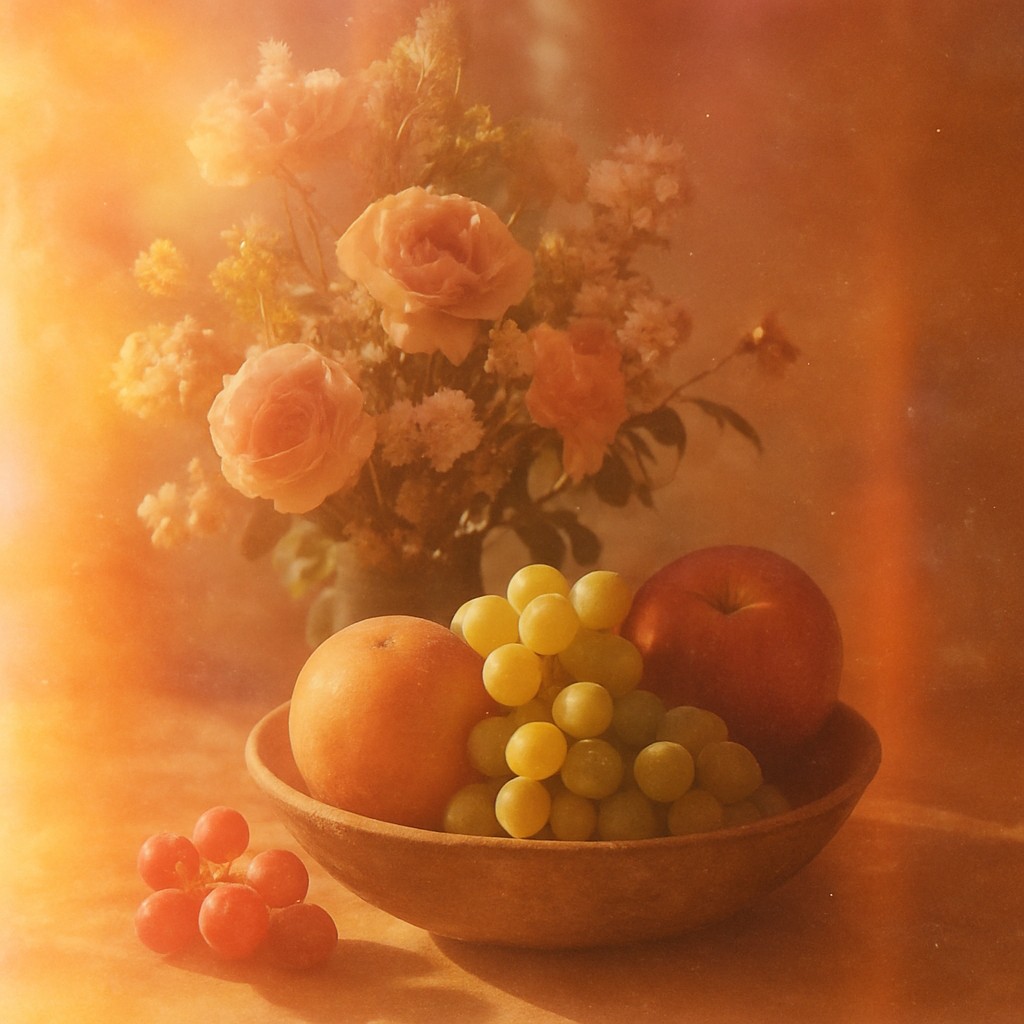 still life arrangement of fruits and flowers