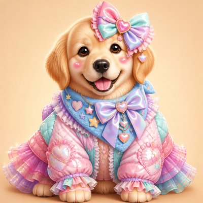 portrait of a golden retriever wearing a blue bandana, warm plain backdrop, no text