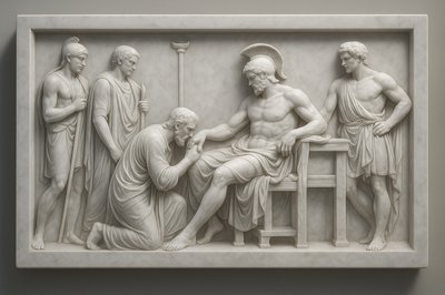 a sculpture of a man being examined by a group of men