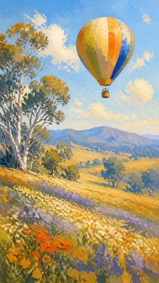 a hot air balloon drifting over rolling flower fields on a sunny day, cheerful, no text