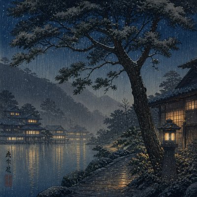 a tree in nature — Shin-hanga Print Style