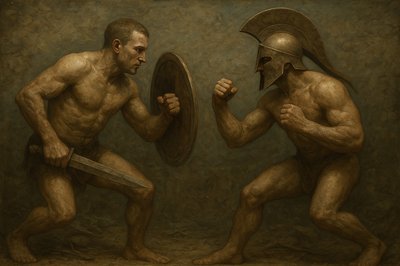 a painting of two men fighting with each other