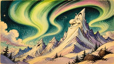 a flowing aurora over snowy peaks, wide sweeping composition, no people, no text