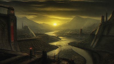 a vast valley with a river winding toward distant mountains at sunrise, no people, no text