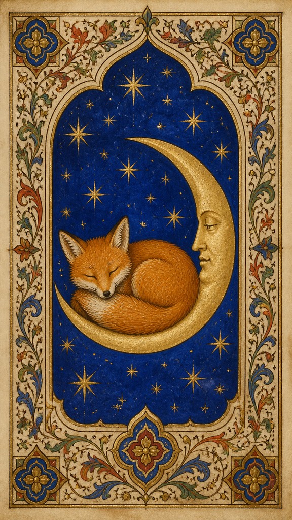 a sleeping baby fox curled on a crescent moon among soft stars, gentle and warm, no text