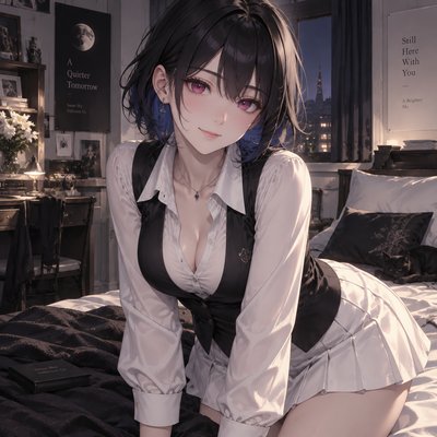.a girl wearing white shirt and a black blouse and a white skirt matching her shirt, she have magenta eyes, black hairs with deep blue highlight,Balanced figure with E-cup bust size, her soft smile, as beautiful as a moon face, hairstyle short hairs, her height 5-6,her weight:46 kg, painterly anime style with soft cel-shading