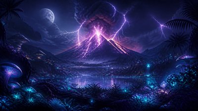 an erupting volcano with lightning strikes, dramatic wide composition, no text