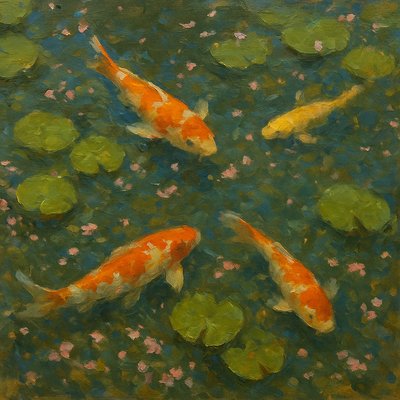 A koi pond seen from above, orange and white koi fish swimming among lily pads, clear water with subtle ripples, fallen cherry blossom petals floating on the surface, dappled sunlight