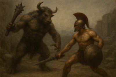 a painting of two men fighting with a demon