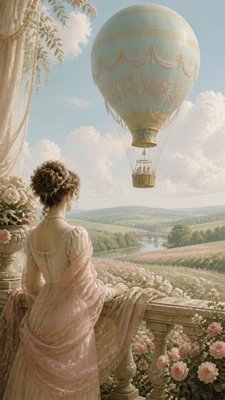 a hot air balloon drifting over rolling flower fields on a sunny day, cheerful, no text
