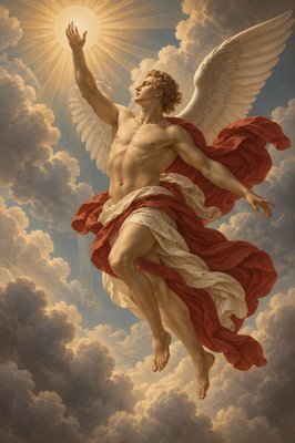 a painting of a man with wings in the sky